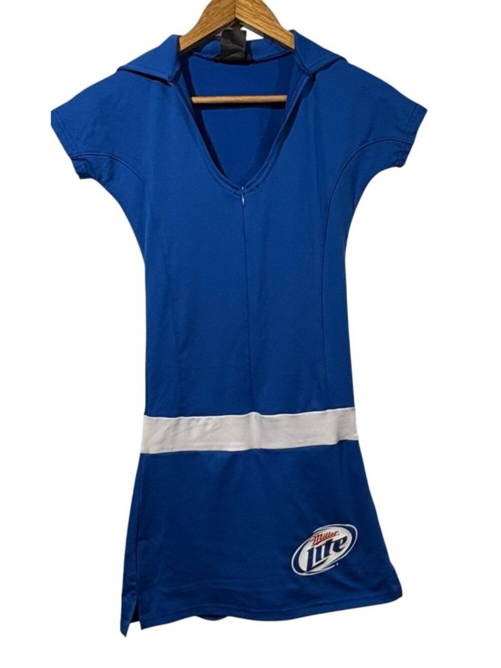 Womens Vtg Miller Lite Mini Dress Blue Drop Waist Logo Size S Costume Beer